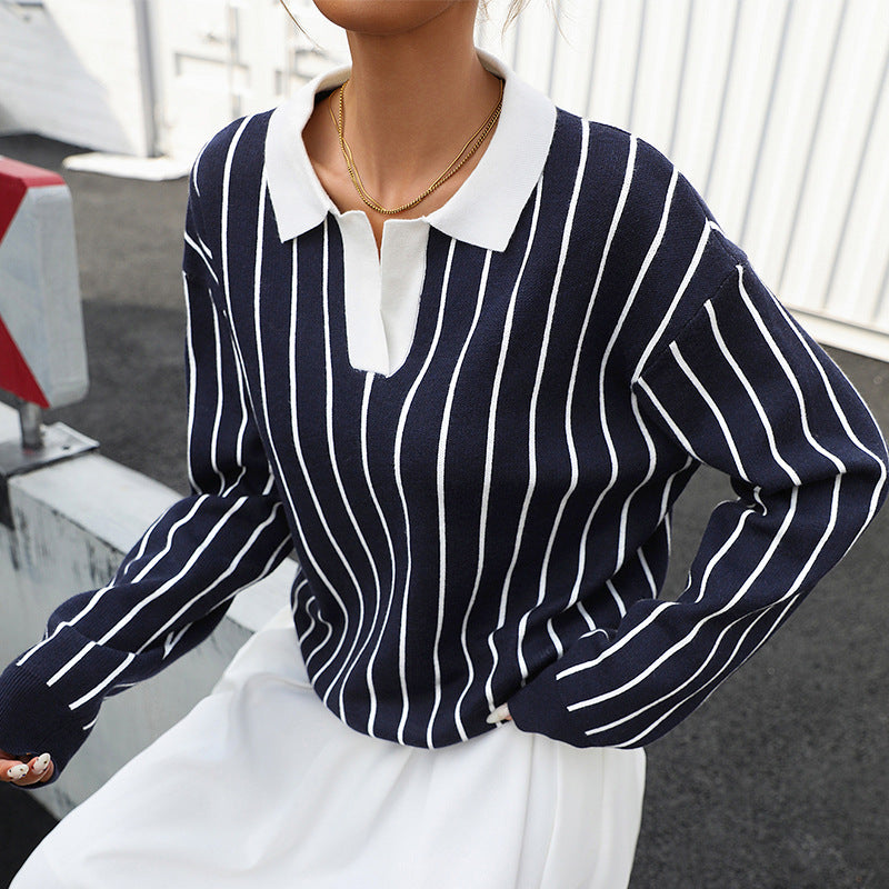 College Street Fashion Polo Collar Stripes Women's Sweater