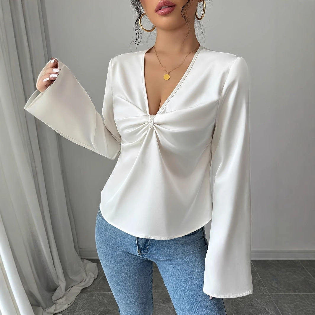 Elegant V-Neck Ruffled Flared Sleeve Blouse for Women