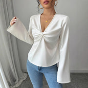 Elegant V-Neck Ruffled Flared Sleeve Blouse for Women