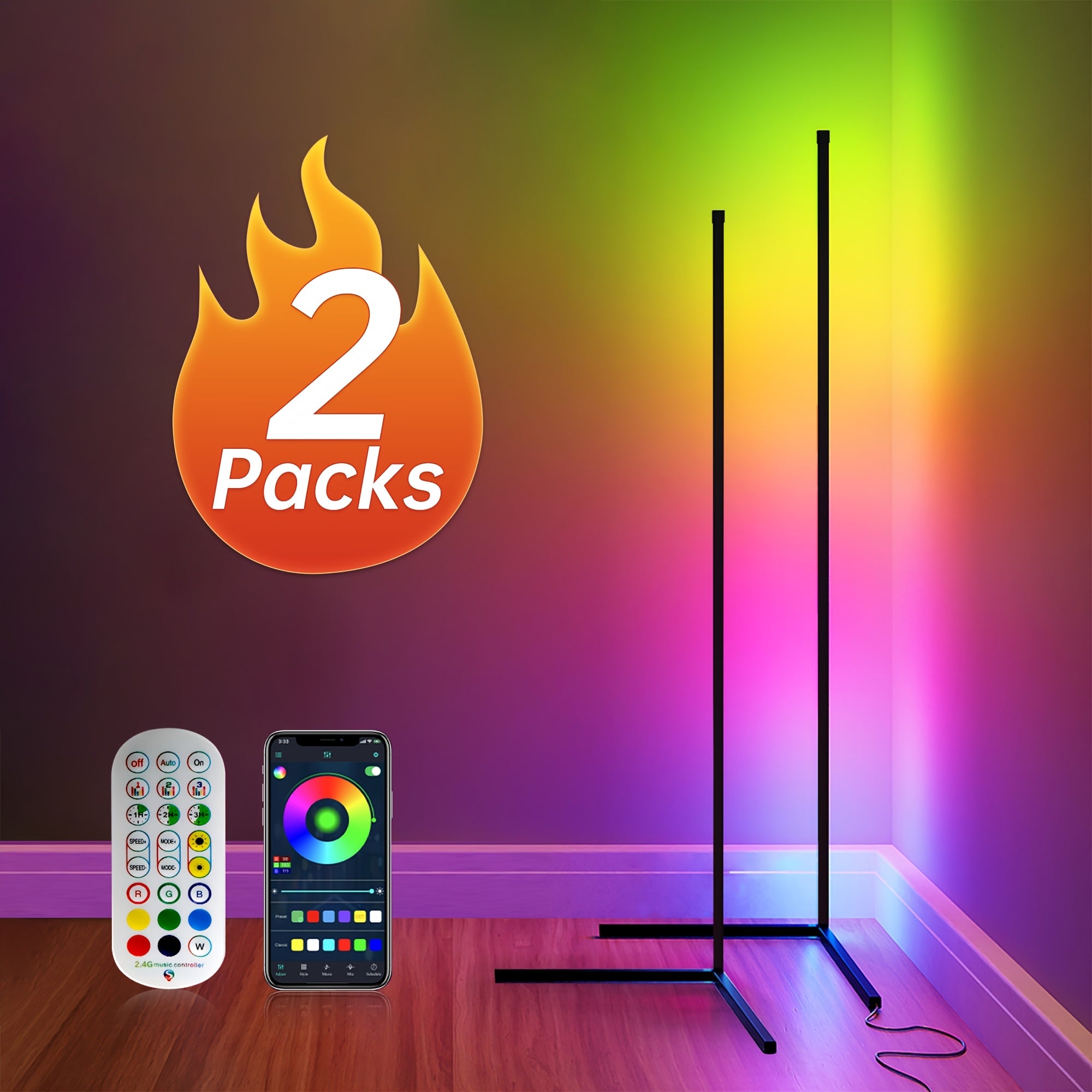 LED 1/2 Pack Corner Floor Lights -16Million DIY Color Changing, RGB Smart Modern Lights (adjustable 56 Inches About 142cm) With Remote Control And APP Control, USB Power Supply, Four Modes With Mus...