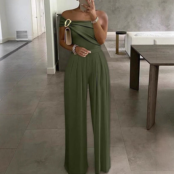Metallic One-Shoulder Pleated Wide-Leg Jumpsuit