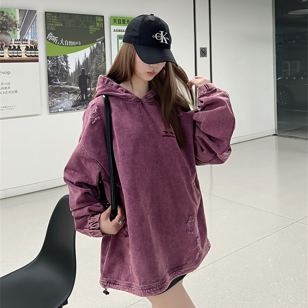 Edgy Distressed Denim Hooded Pullover Streetwear
