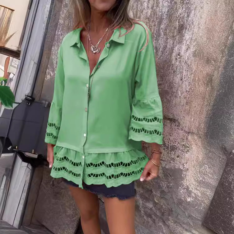 Lapel Long Sleeve Lace Ruffles Lotus Leaf Loose Shirt