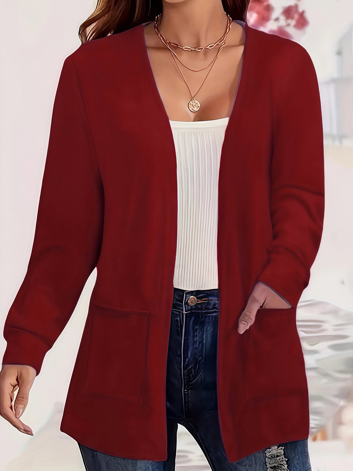 Womens Versatile Solid-color Pocketed Loose-fitting Lightweight Cardigan