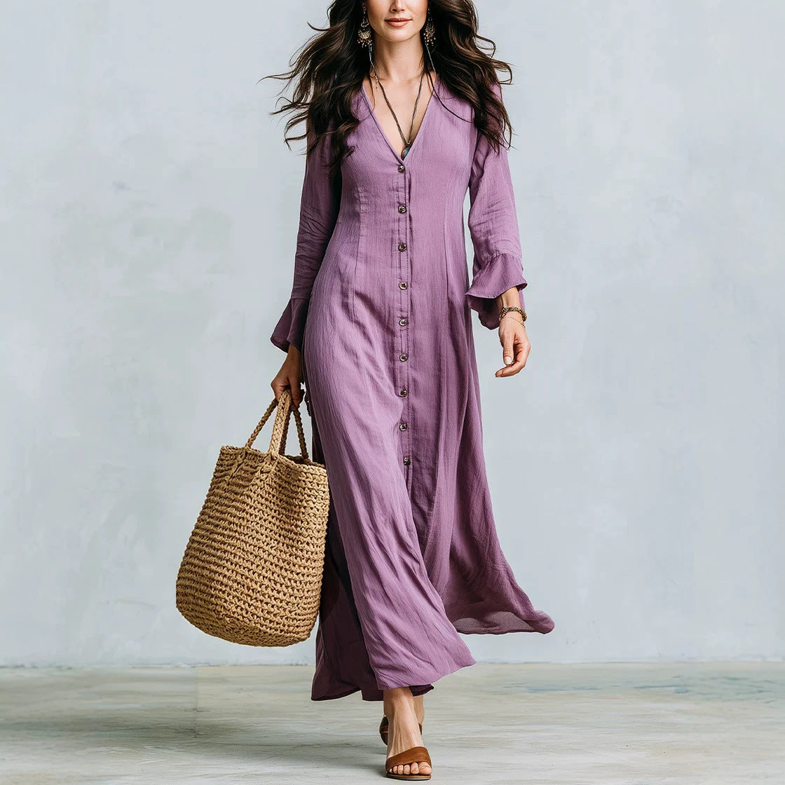 Womens French-style V-neck Defined-waist Dress