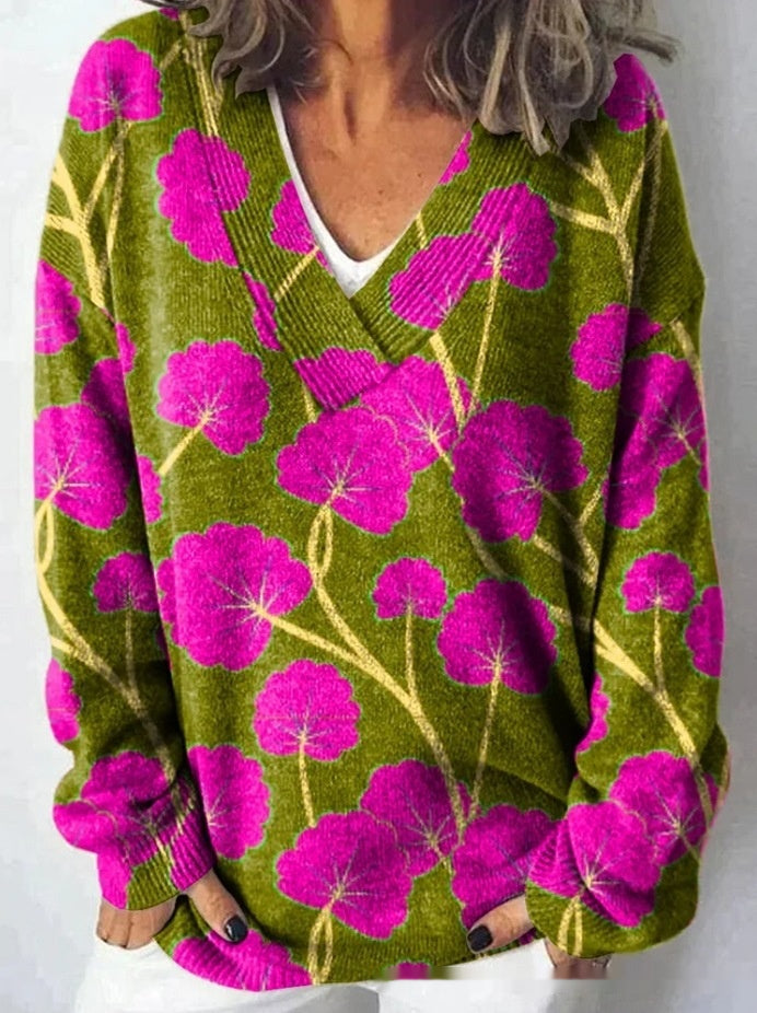 Floral Pattern Printed V-neck Long Sleeve Casual Sweatshirt