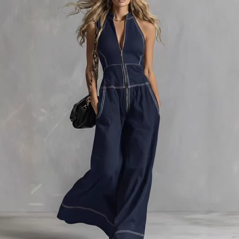European And American Style Summer Fashion Elegant Front-Zip Sleeveless Wide-Leg Jumpsuit