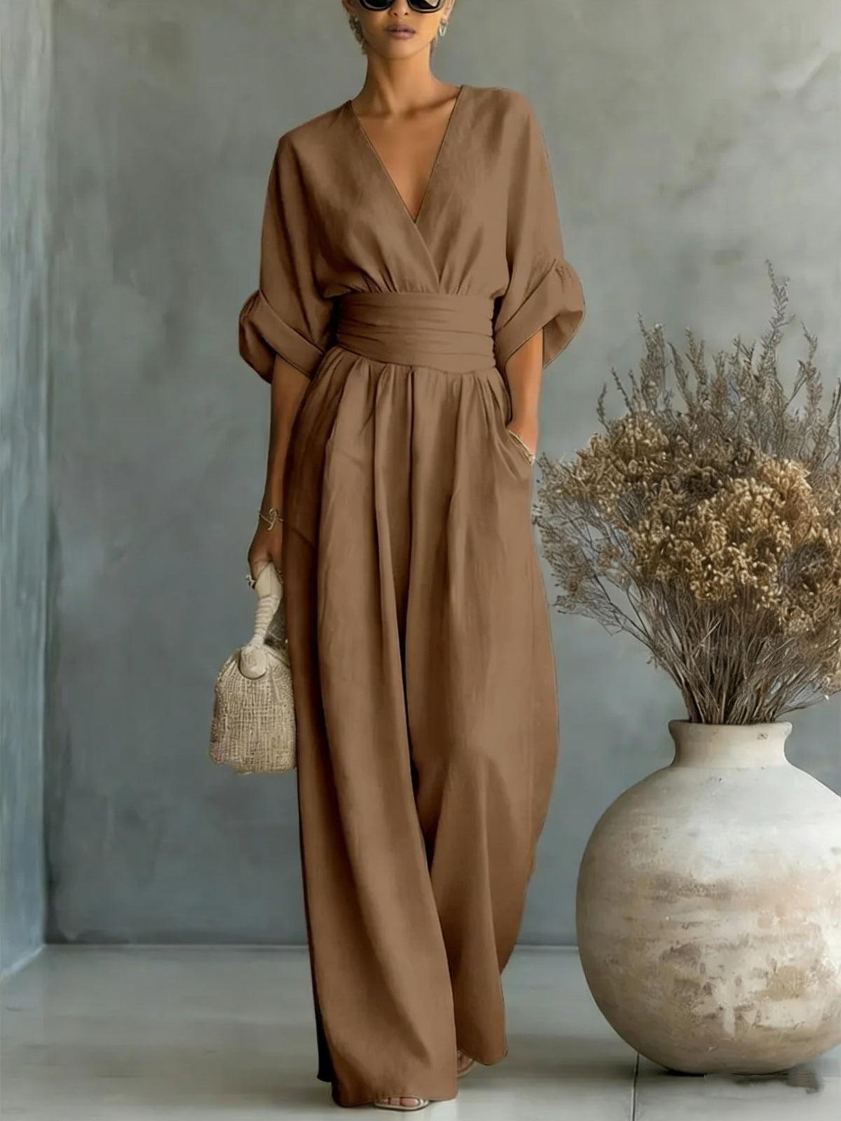 Summer Short-sleeved Jumpsuit Fashion Casual V-Neck Wide-Leg Pants Womens Clothing