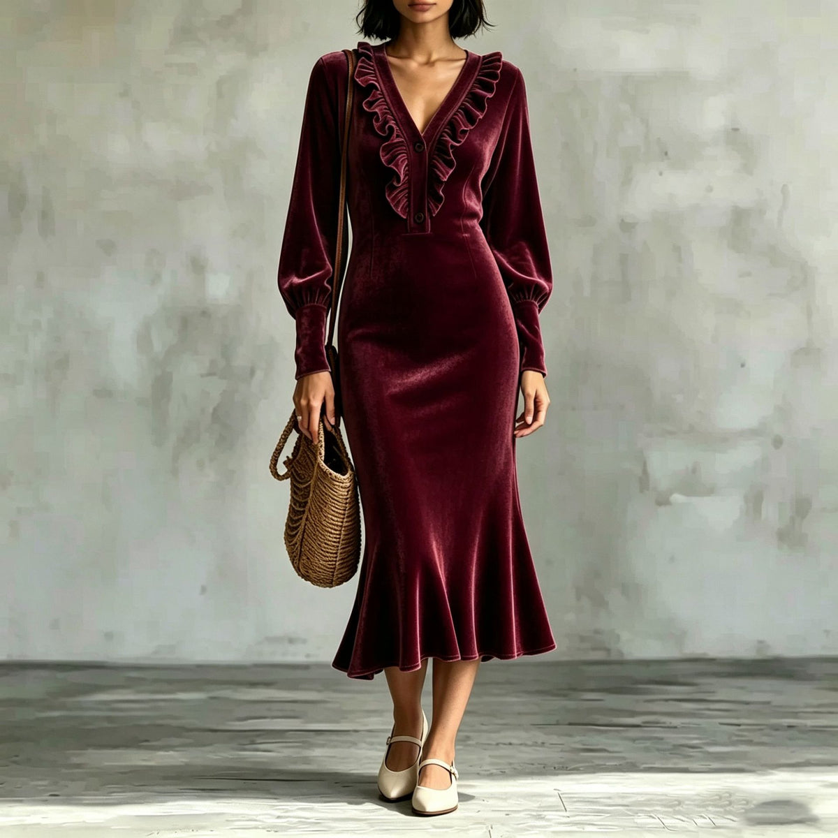 Velvet V-Neck Ruffled Slim Fishtail Dress