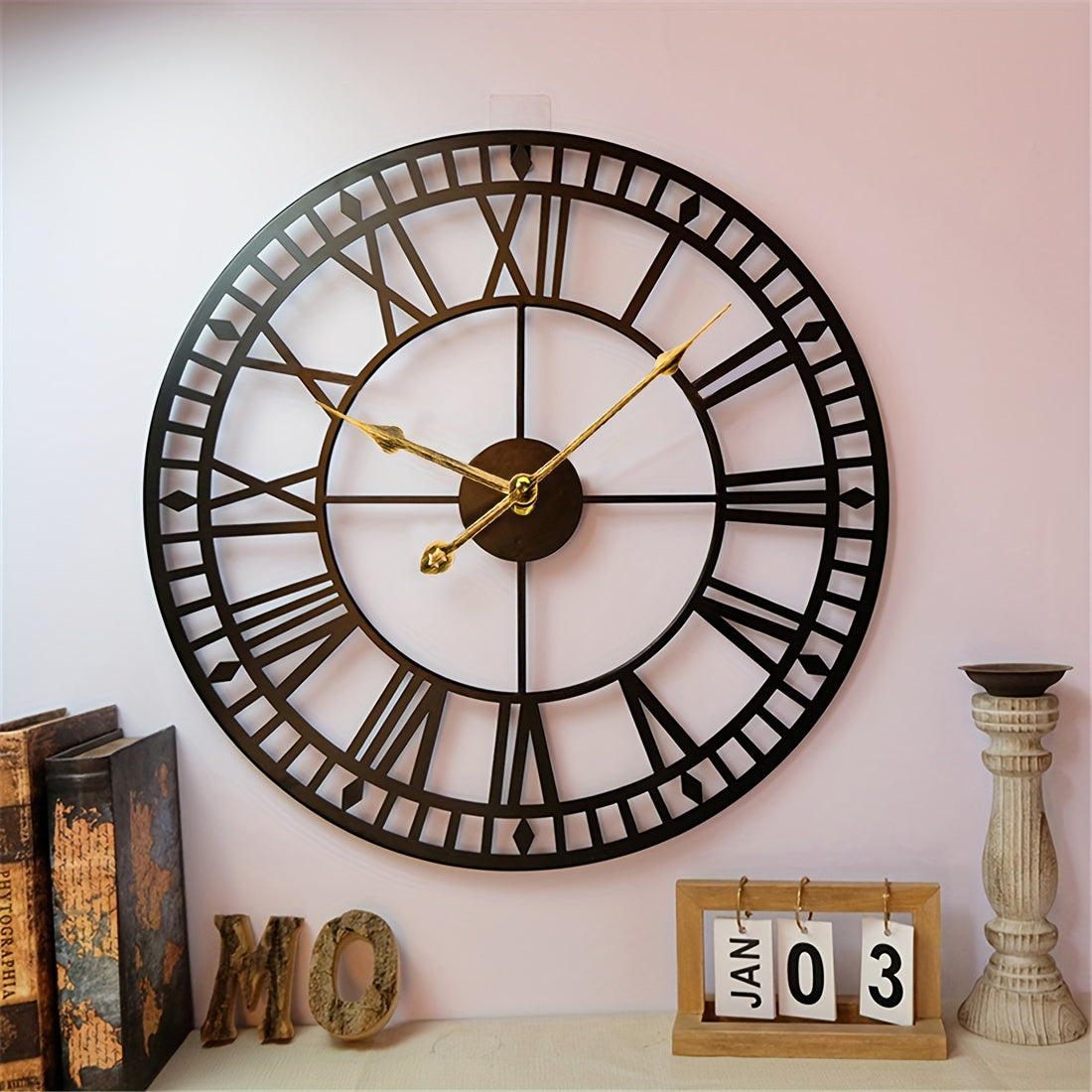 24inch Oversized Roman Metal Wall Clock, Large Iron Hanging Decorative Silent Wall Clock For Indoor Outdoor Home Office Living Room