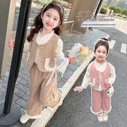 Cute Girl's Outfit Set: Lace Trimmed Vest Shirt & Wide-leg Pants
