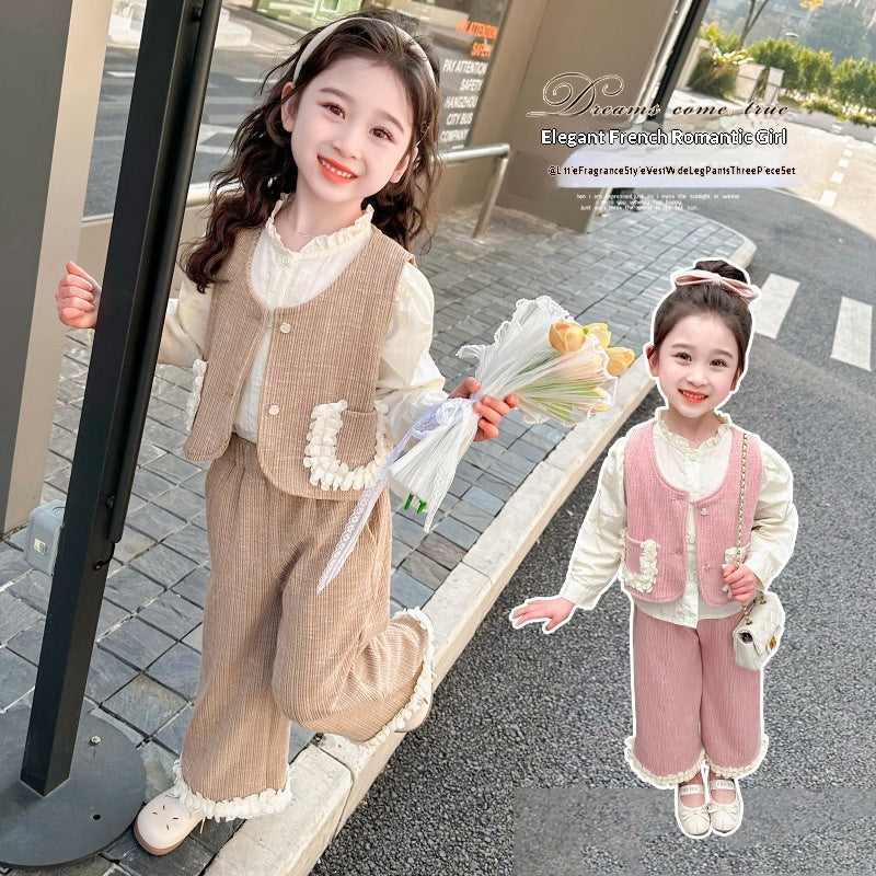 Cute Girl's Outfit Set: Lace Trimmed Vest Shirt & Wide-leg Pants
