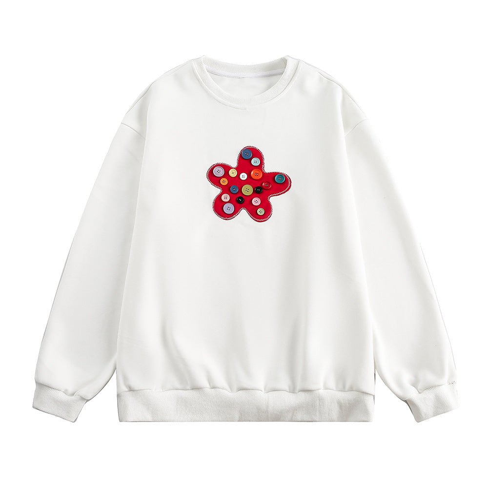 Floral Embroidered Loose Round Neck Cotton Sweater
