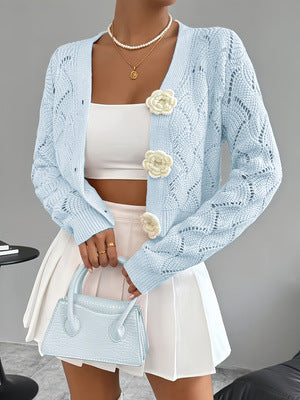 Elegant Solid-color Hollow-out Knit Cardigan for Europe and America