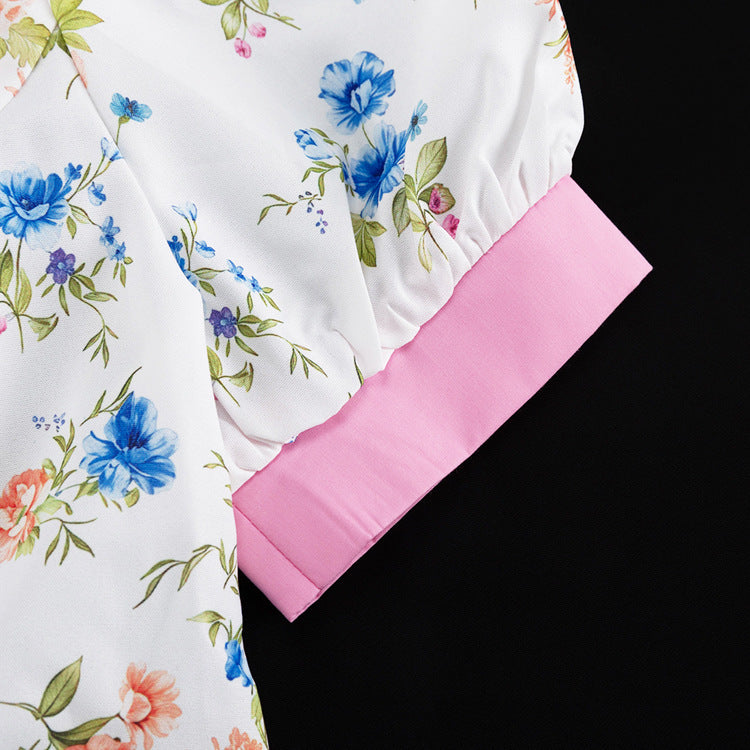 Contrast Lapel Puff Sleeve Floral Print Midi Dress