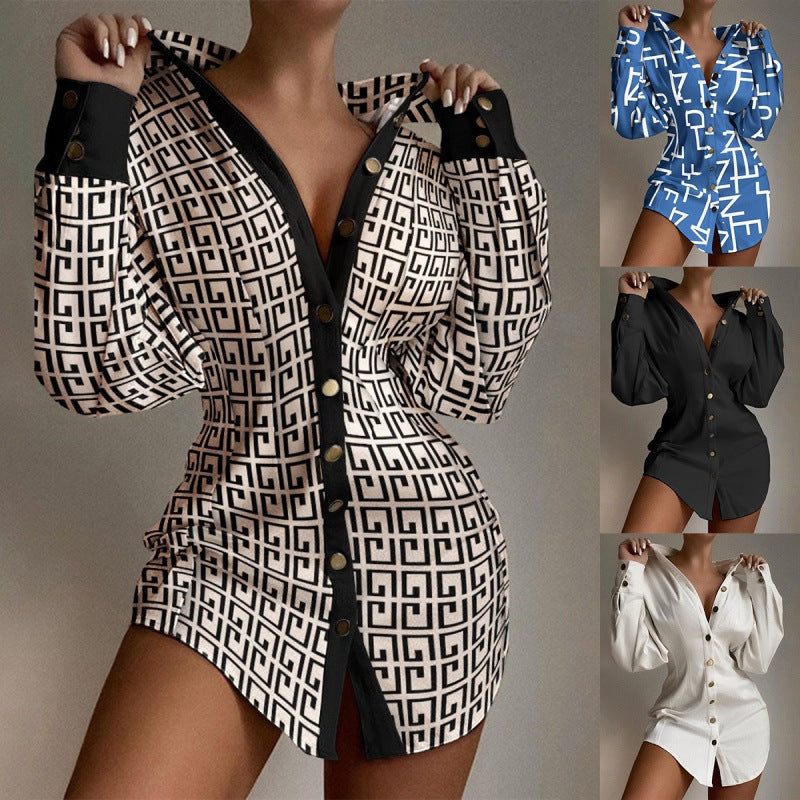 New Fashion Printed Waist-controlled Fastener Decoration Women's Shirt