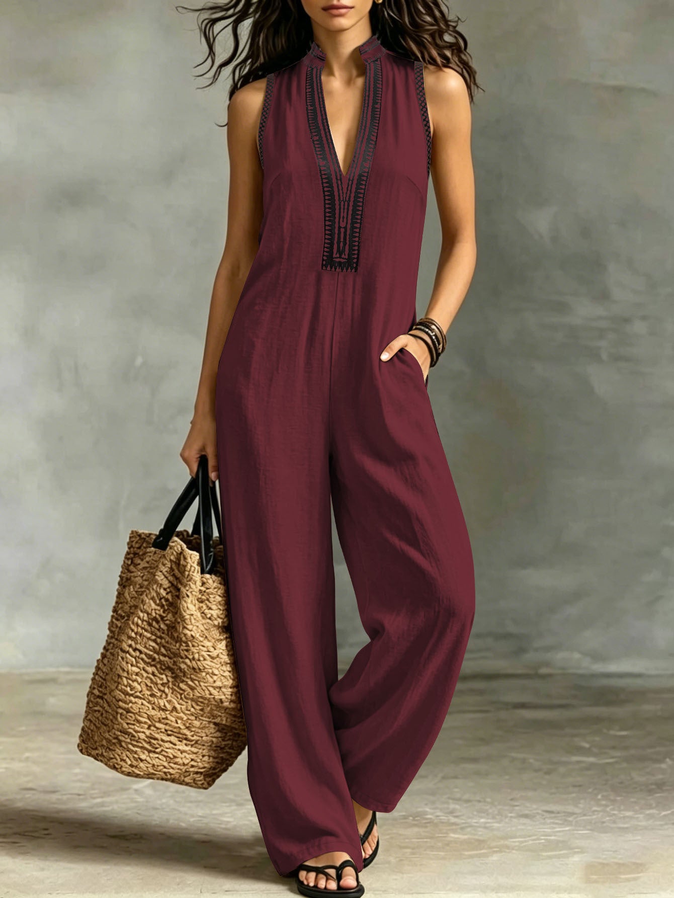 Women's Lace Trim Sleeveless Wide Leg Jumpsuit with Pockets