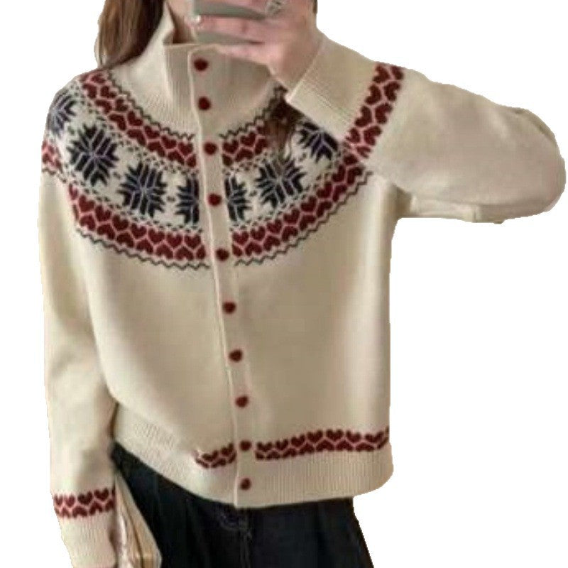 Korean Style Ethnic Inspired Jacquard Knit Cardigan for Women Autumn and Winter