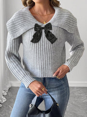 Women's Large Lapel Bow Splicing Pullover Sweater