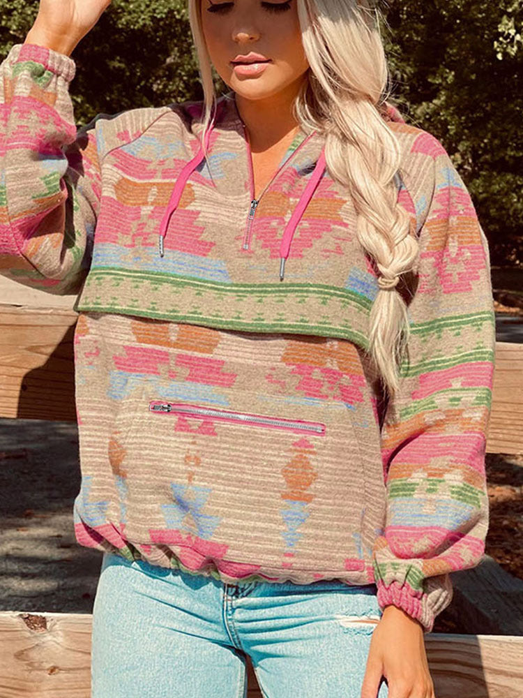 Women's Abstract Printed Zip Hoodie Casual Pullover