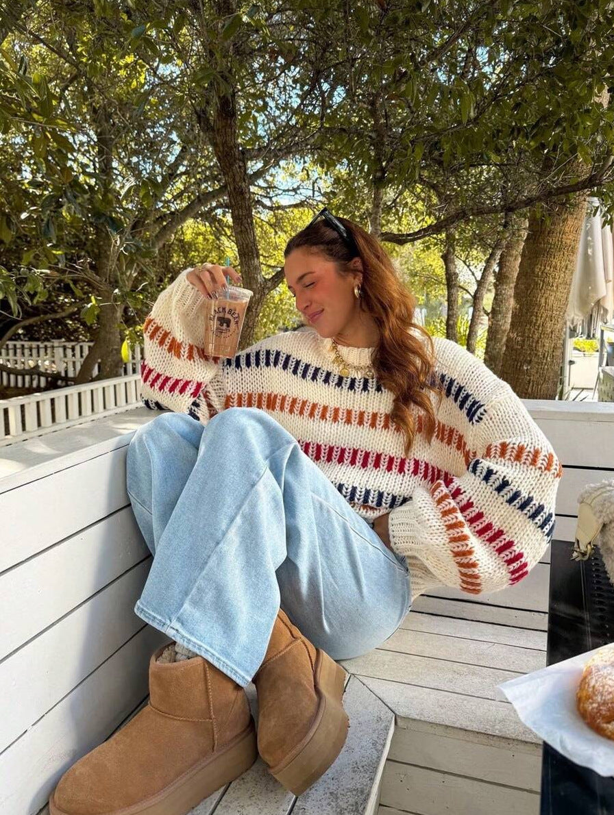 Casual Fashionable Retro Loose-fit Sweater with Batwing Sleeves