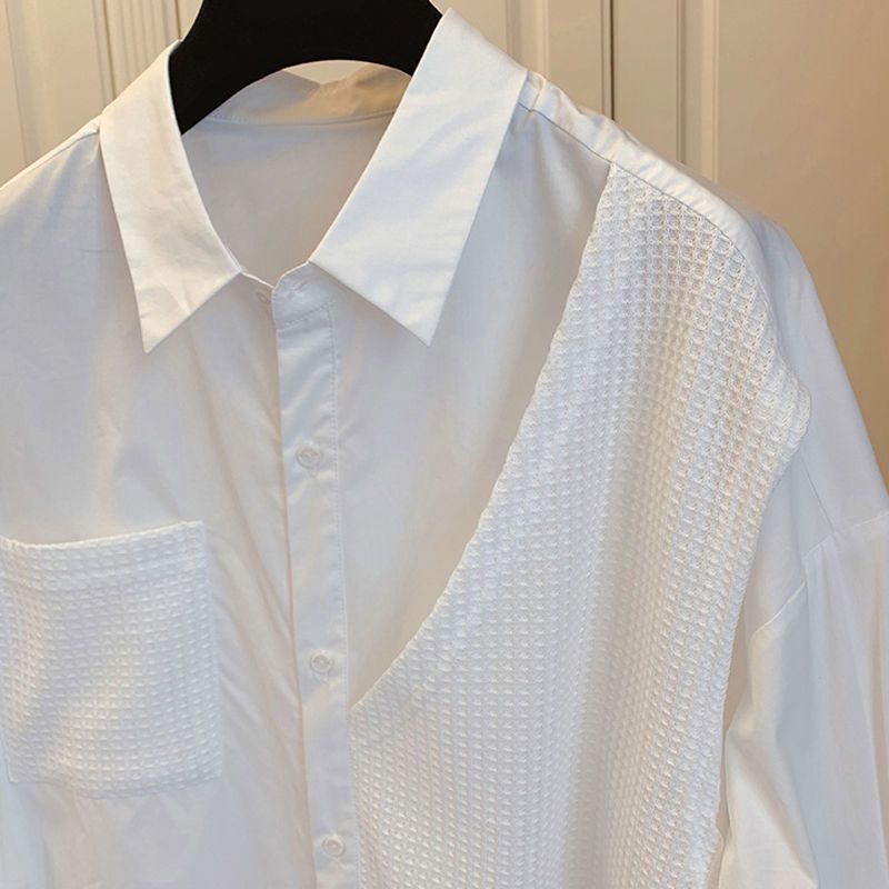 Stitching Waffle Fake Two Pieces Loose Casual Shirt Women