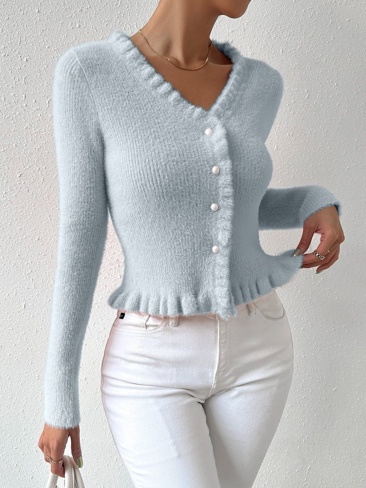 Knitted Cardigan Gentle Temperament Wooden Ear Pearl Buckle Sweater for Women