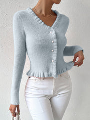 Knitted Cardigan Gentle Temperament Wooden Ear Pearl Buckle Sweater for Women