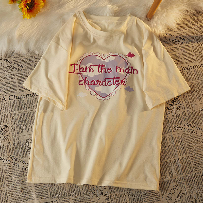 Women's All-Over Heart Print Short Sleeve Tee – Loose Fit