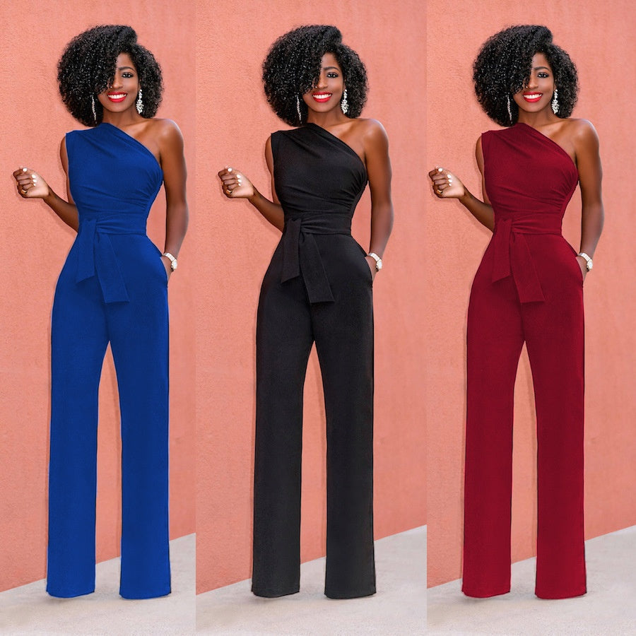 Elegant Slanted-Collar Wide-Leg Jumpsuit