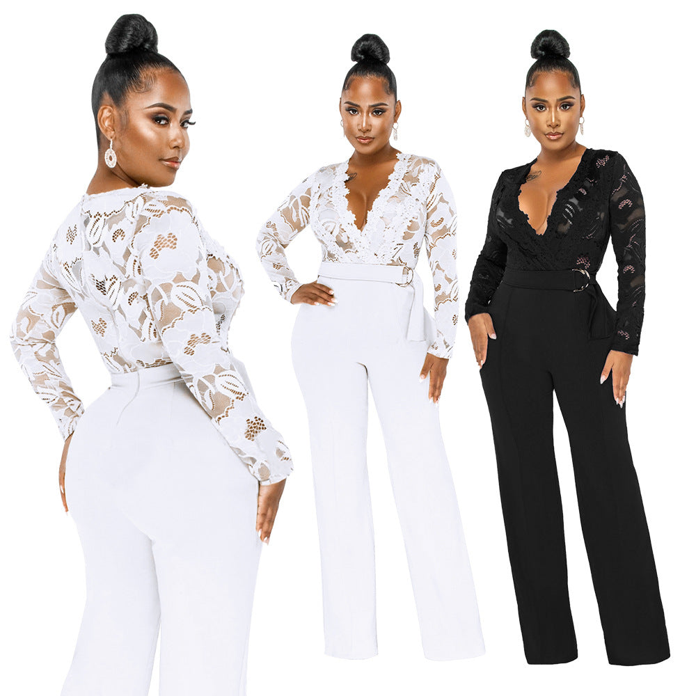 Women's Casual V-Neck Lace See-Through Slim Jumpsuit