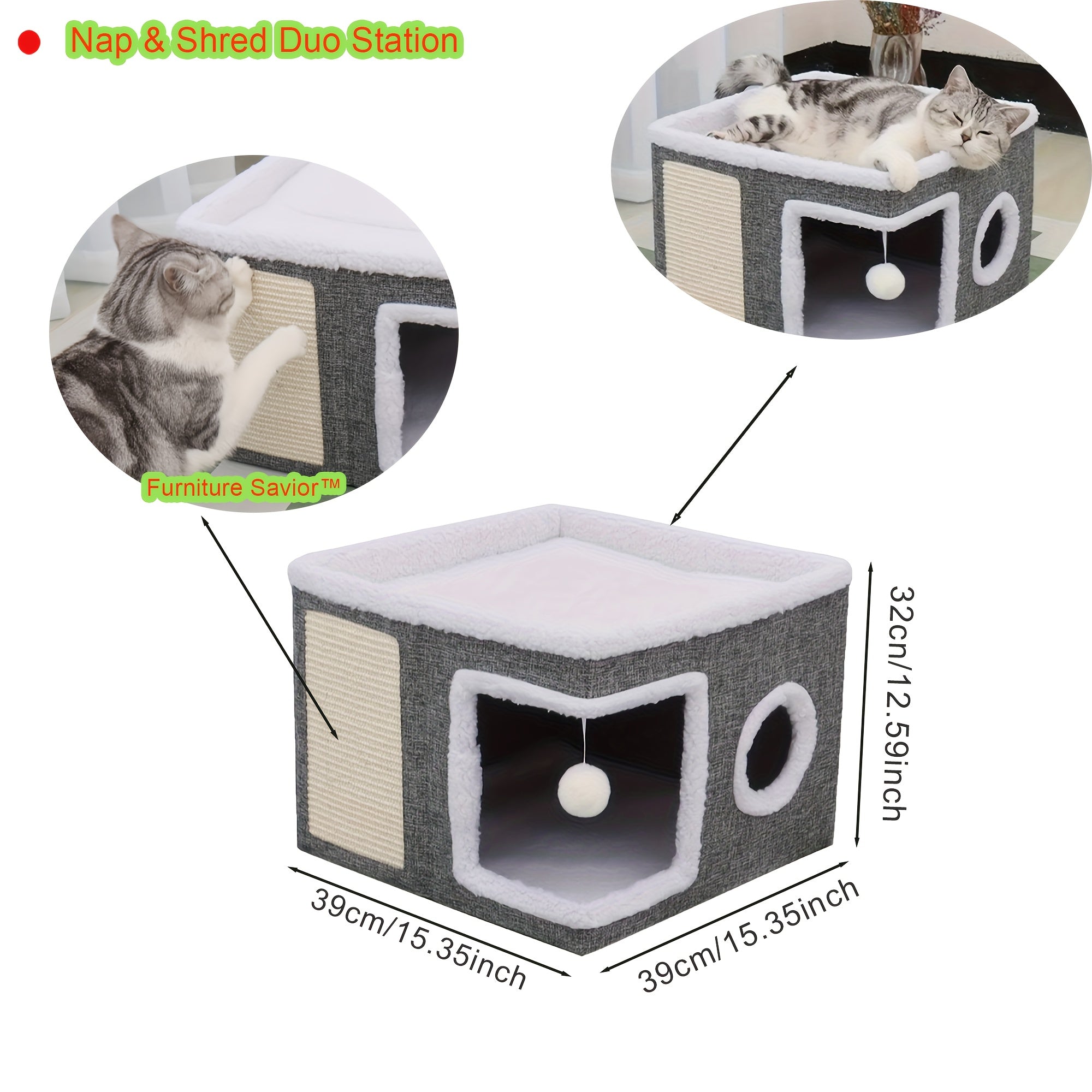 Multi-level Cat House With 2-tier Beds, Toy Tunnel & Plush Hanging Ball - Foldable Sofa, Scratching Post  Durble Nylon Frame And Soft Canvas For All Seasons