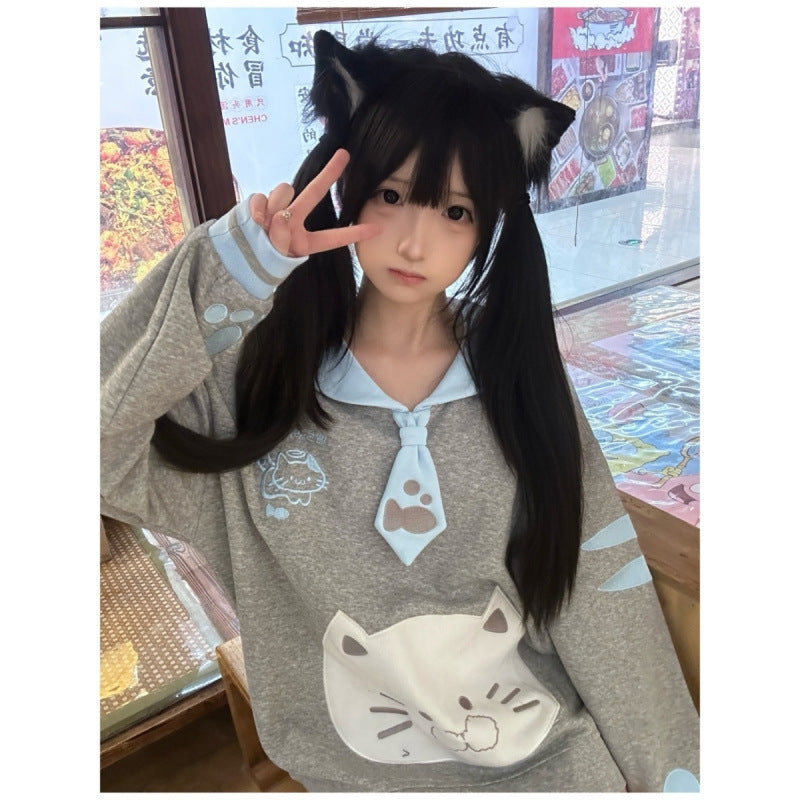 Cute Embroidered Cloud Cat Navy Collar Long Sleeve Sweater