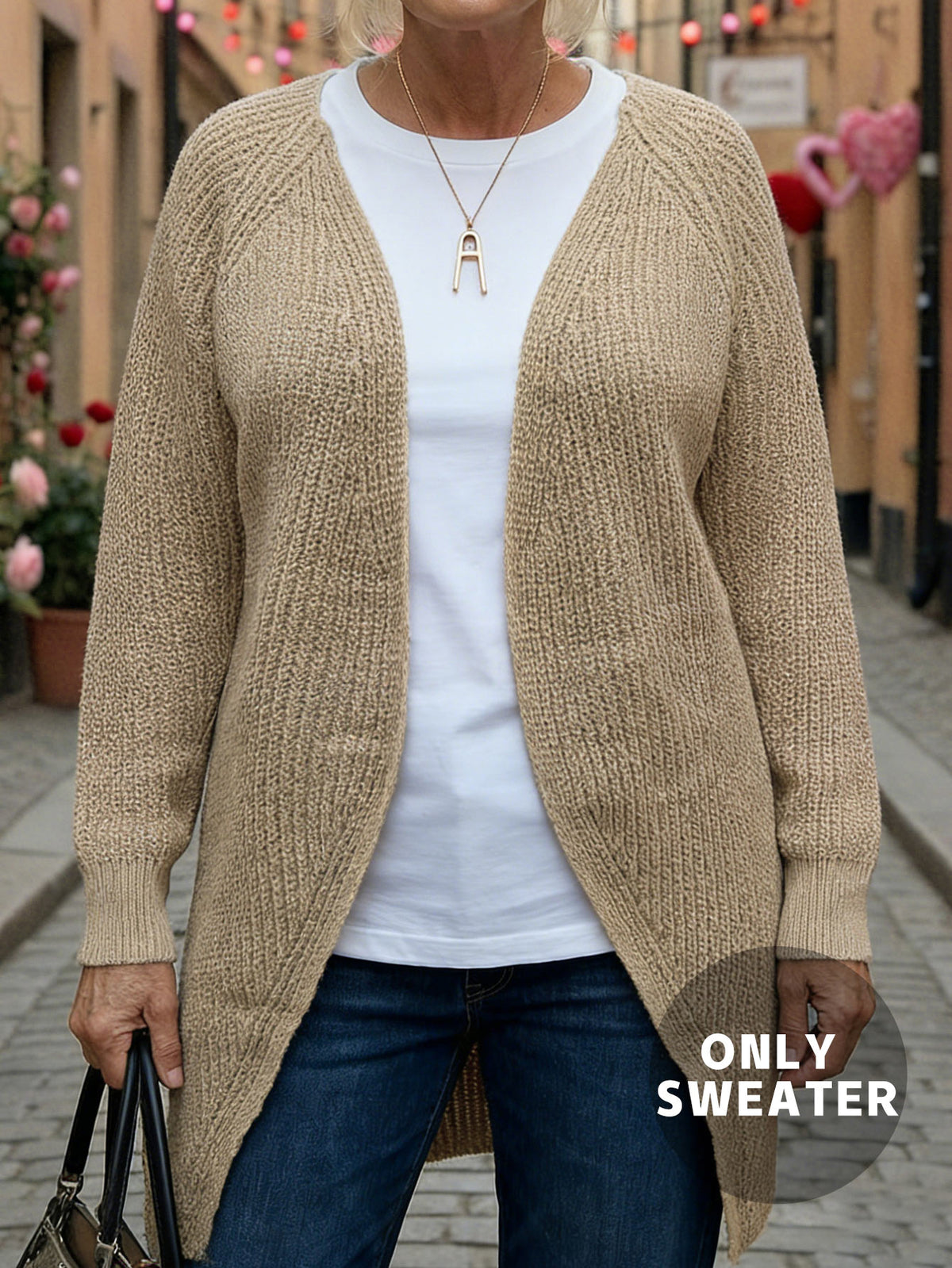 Relaxed Fit Mid Length Knit Cardigan Ladies Long Sleeve Open Front Versatile Outer Sweater