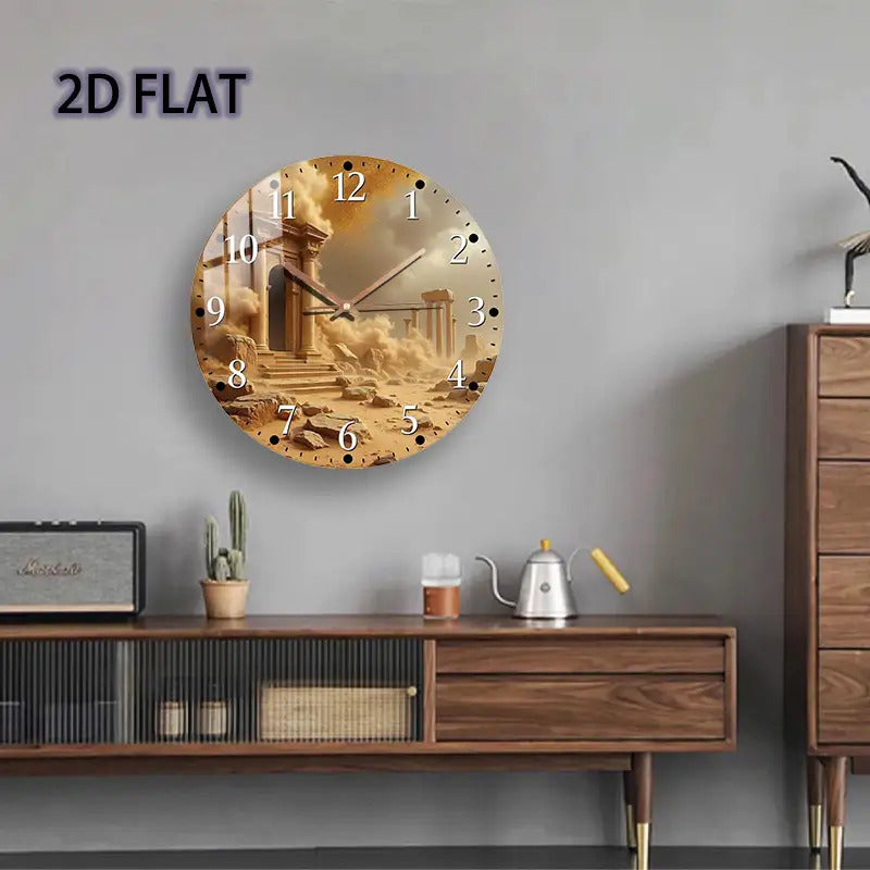 12-Inch Large Glass Wall Clock - Roman Numerals & Greek Key-like Columns, Beige & Golden Vintage, Quartz Movement Battery- (AA Battery Not Included) - Large Round Face for Living Room, Bedroom, Study - Elegant