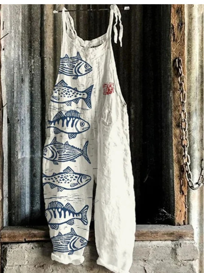 Women's Autumn And Winter Printing Retro Wide Leg Jumpsuit