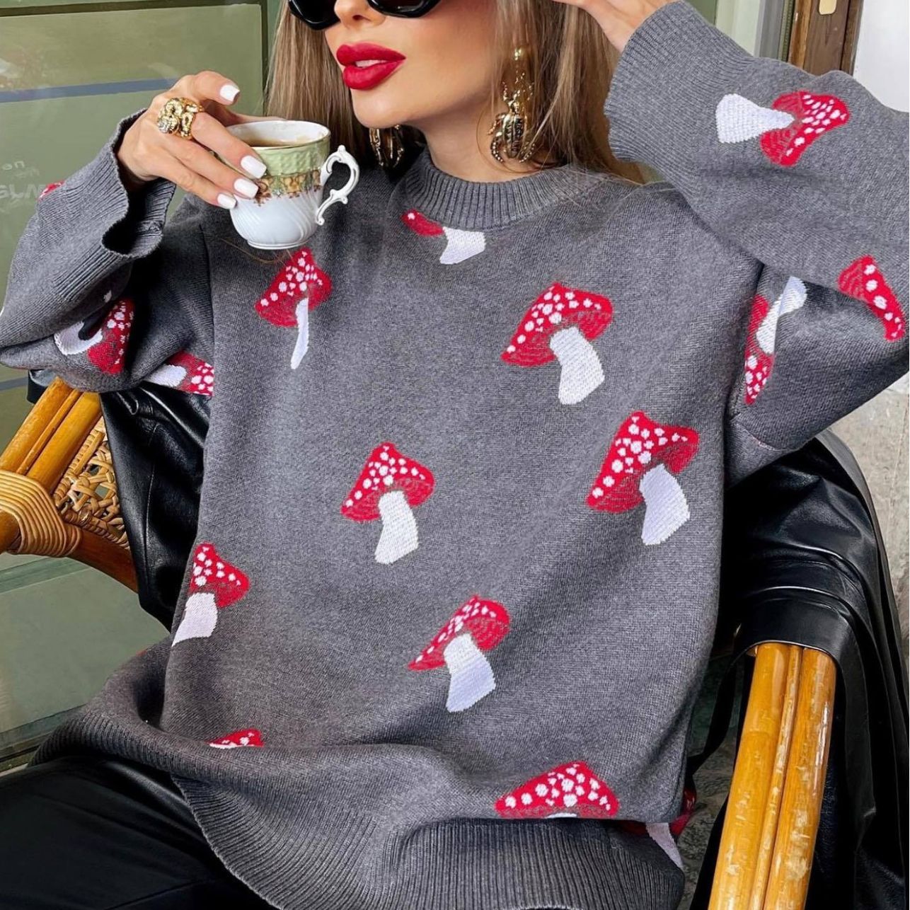 Women's Contrast Color Knit Coat with Mushroom Pattern