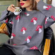 Women's Contrast Color Knit Coat with Mushroom Pattern