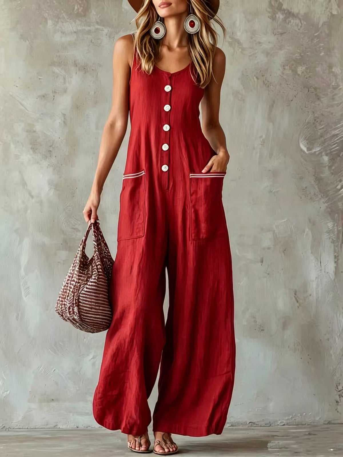 Button-front U-neck Solid-color Casual Jumpsuit