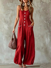 Button-front U-neck Solid-color Casual Jumpsuit