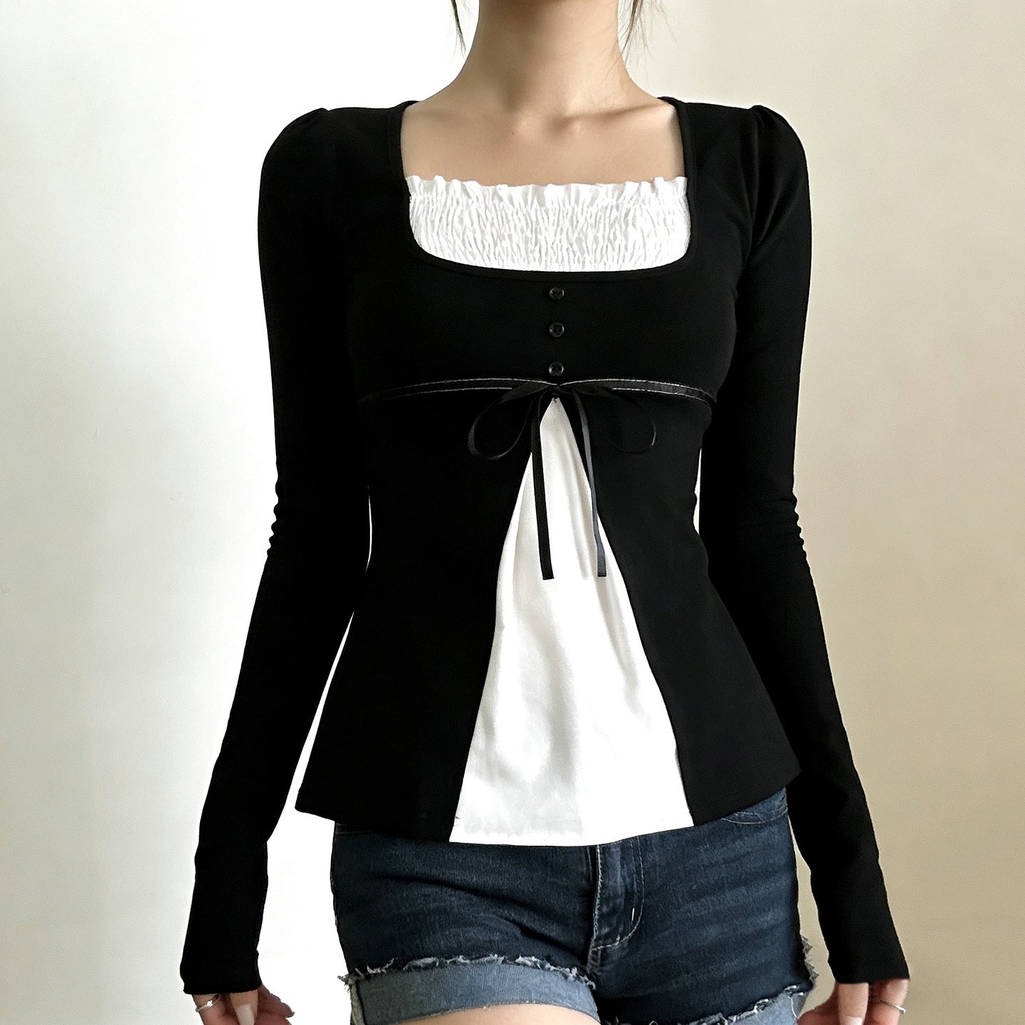 Sweet Contrasting Patchwork Slim Long-Sleeve T-Shirt