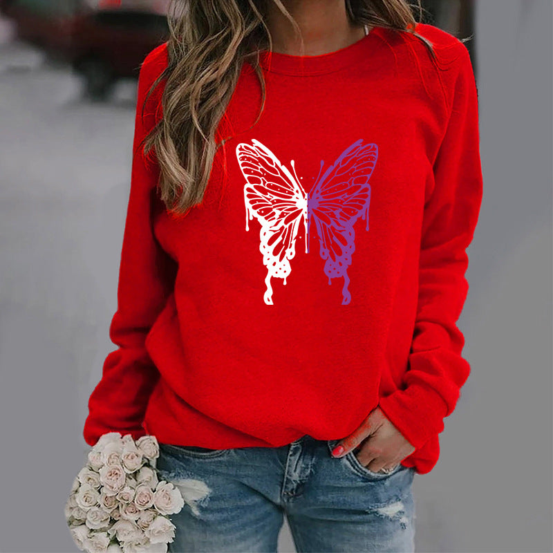 Butterfly Print Sports Pullover Round Neck Sweater