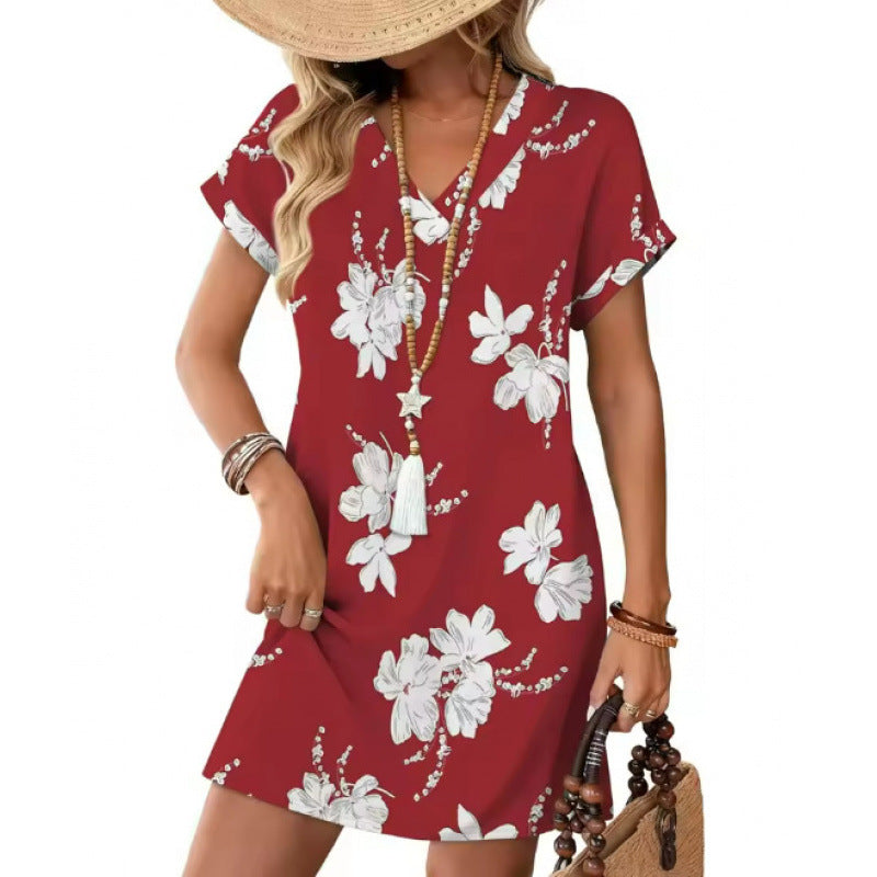 European and American-style Fashionable Printed Loose-fit V-neck Short-sleeve Dress