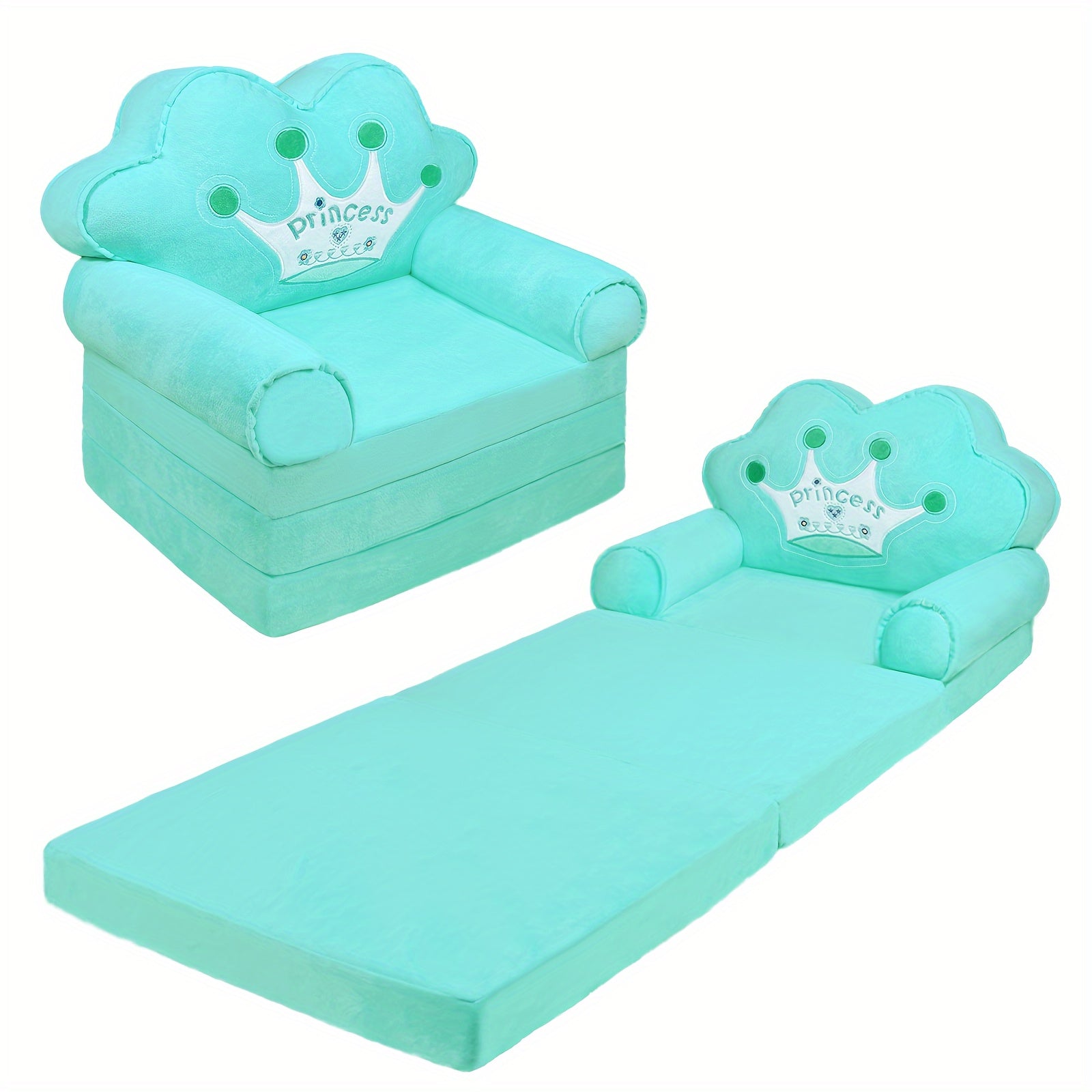 Princess Crown Pink 2‑in‑1 Kids Sofa & Lounger – Flip‑Open Couch with Machine‑Washable Plush Cover