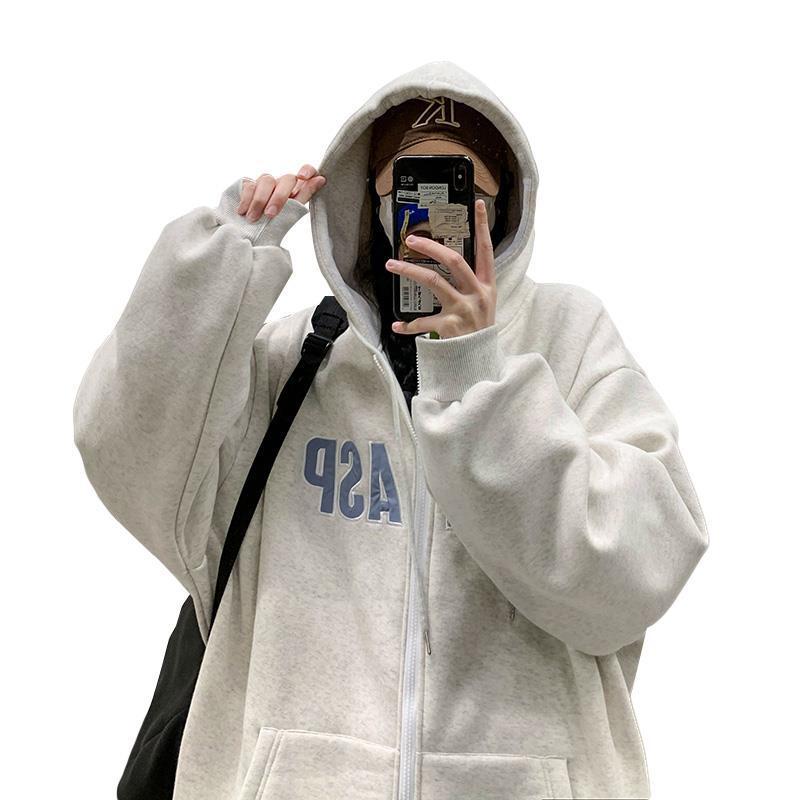 Men's Hooded Letter Cardigan Fleece-Lined Loose Sweater