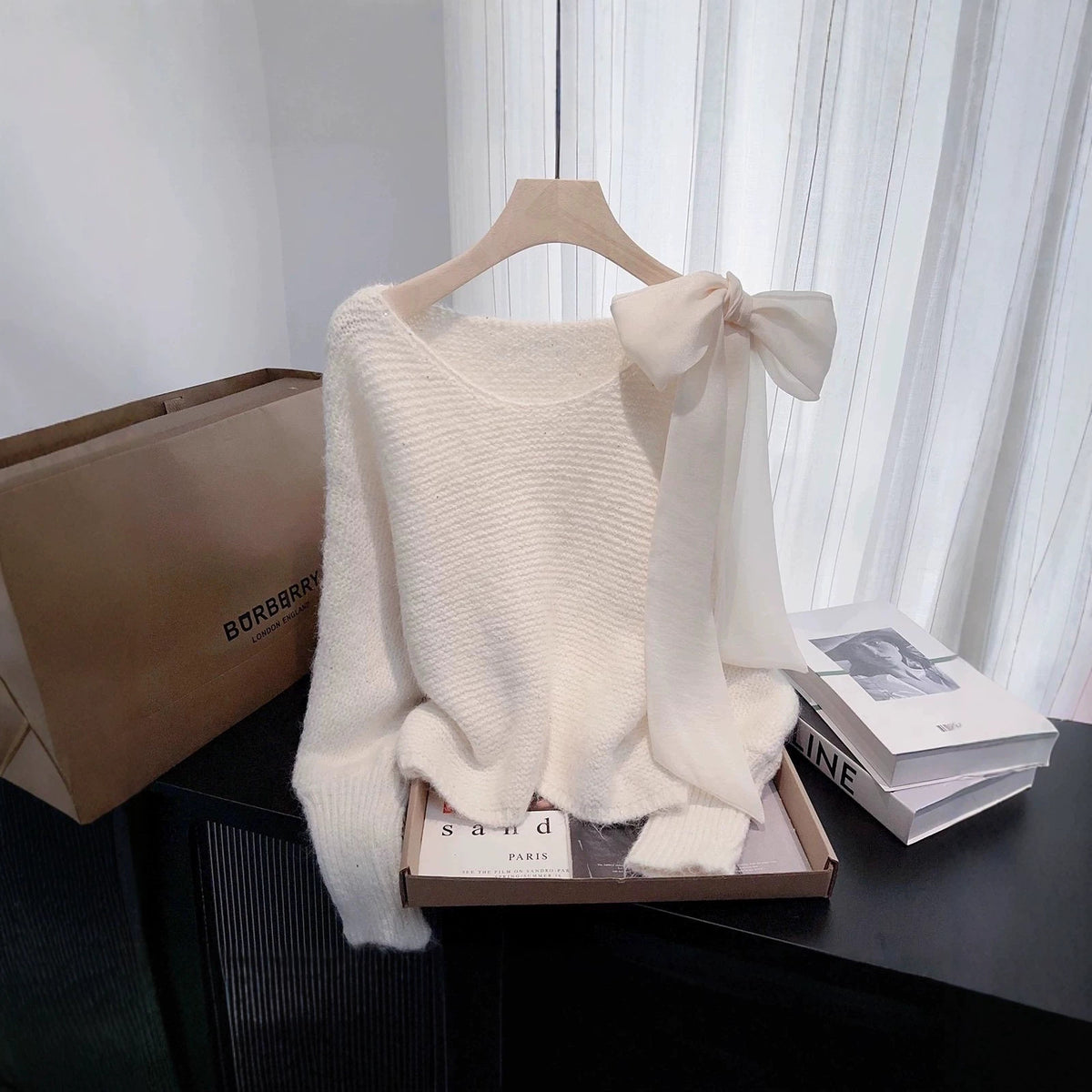 Lace-up Bow Knit Sweater Loose-fitting Cozy Top