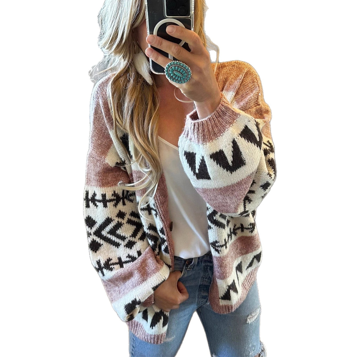 Loose and Lazy Style Jacquard Contrast Color Outerwear Knitted Cardigan Sweater