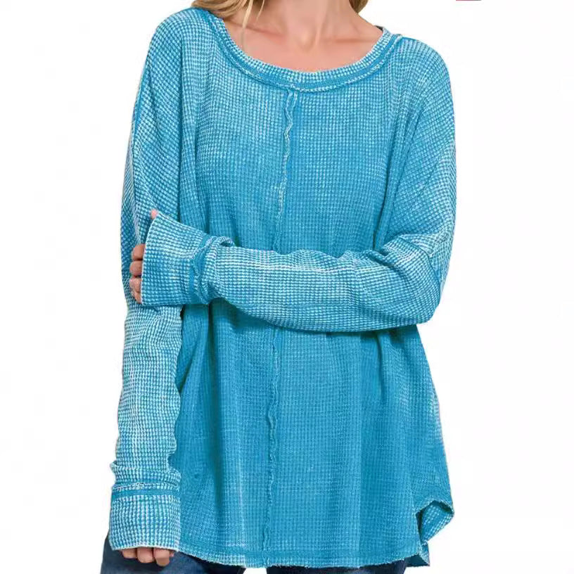 Women's Casual Washed Waffle Long-Sleeve Pullover Top