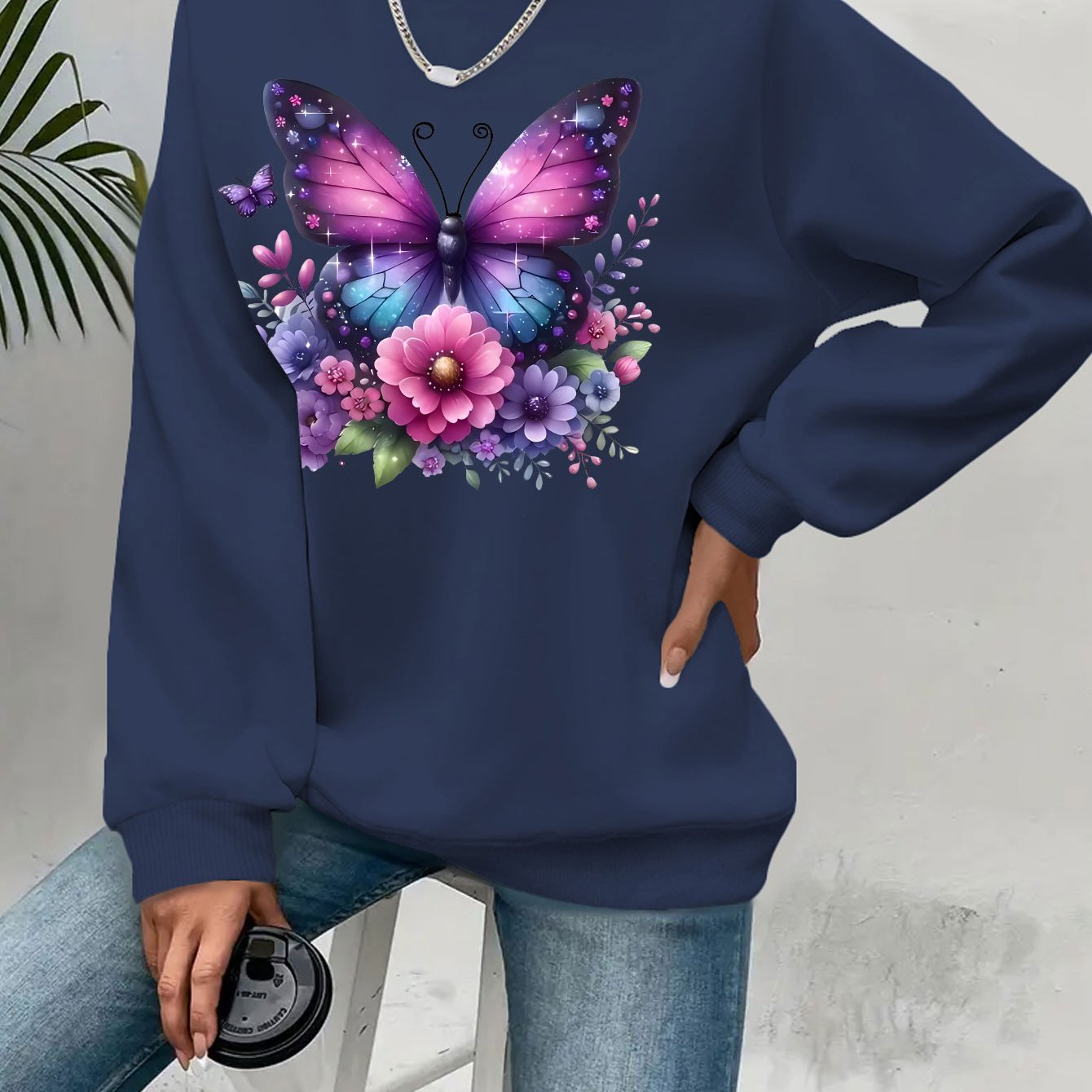 Plus Size Soft Purple‑Blue Butterfly Floral Print Long Sleeve Round Neck Sweatshirt