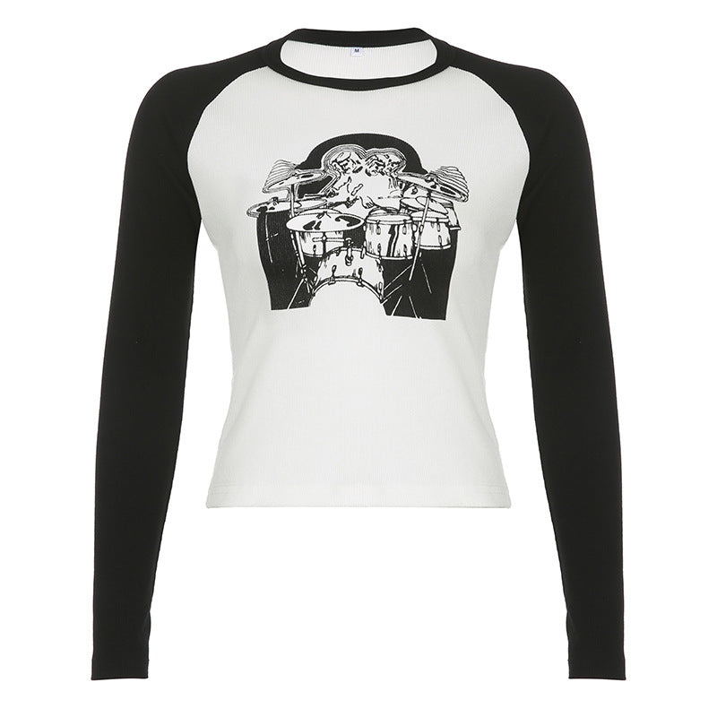 Women's Printed Ribbed Raglan Contrast T-Shirt